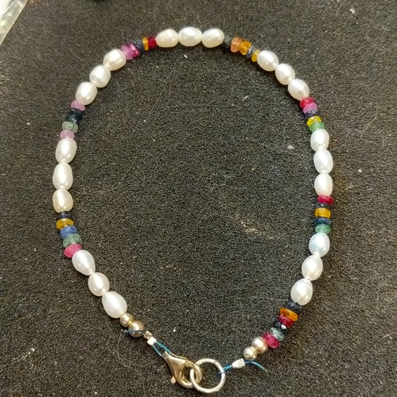 Sapphire 13 carats / pearl natural bracelet 925 - Picture 1 of 8